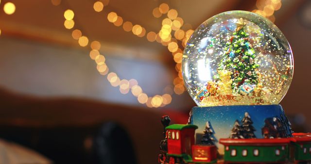 A festive snow globe with a miniature train set at its base sits in focus against a blurred background of warm lights, with copy space. Snow globes are popular holiday decorations that encapsulate the winter season's charm and are often cherished as keepsakes.