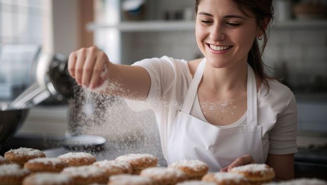 Smiling baker sprinkling powdered sugar over fresh donuts in bright kitchen
