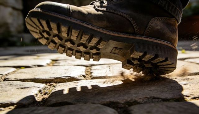 Rugged leather boot kicking up dust on sunlit cobblestones with deep tread and shadow