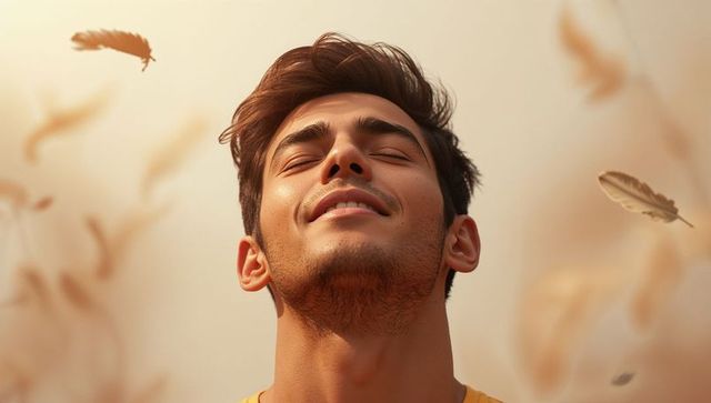 Middle eastern man tilting head back smiling with drifting feathers warm golden portrait