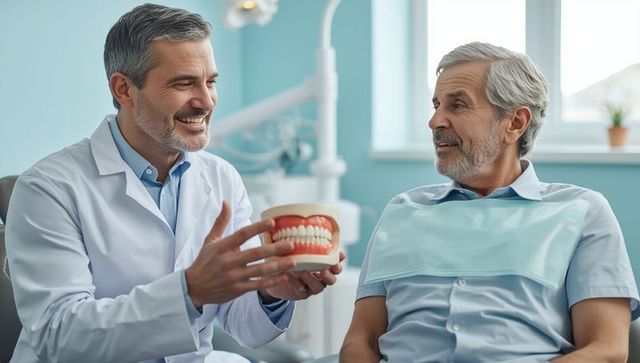 Dentist demonstrating dental model to patient in clinic room