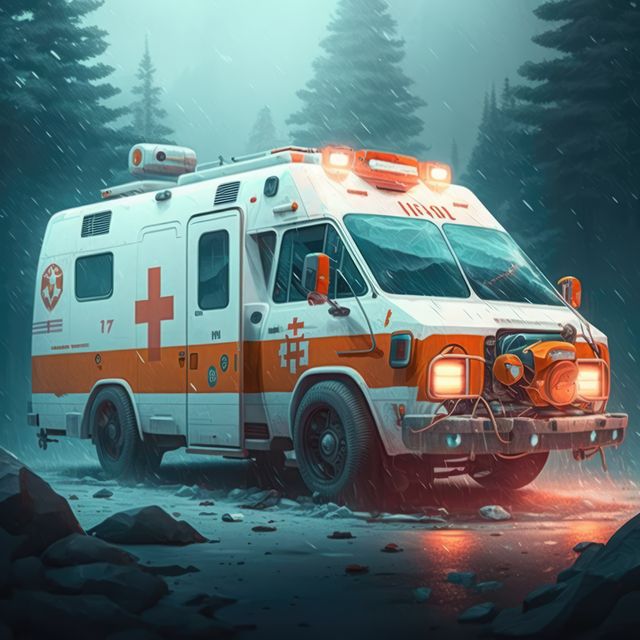 This vibrant image shows an ambulance navigating a rainy forest and evening. It is ideal for illustrating topics related to emergency healthcare, outdoor rescues, and medical response in challenging environments. Perfect for healthcare blogs, emergency response advertisements, and disaster preparedness guides.