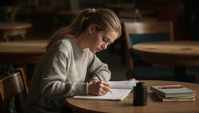 Young woman studying at cafe table writing in spiral notebook wearing cozy sweater
