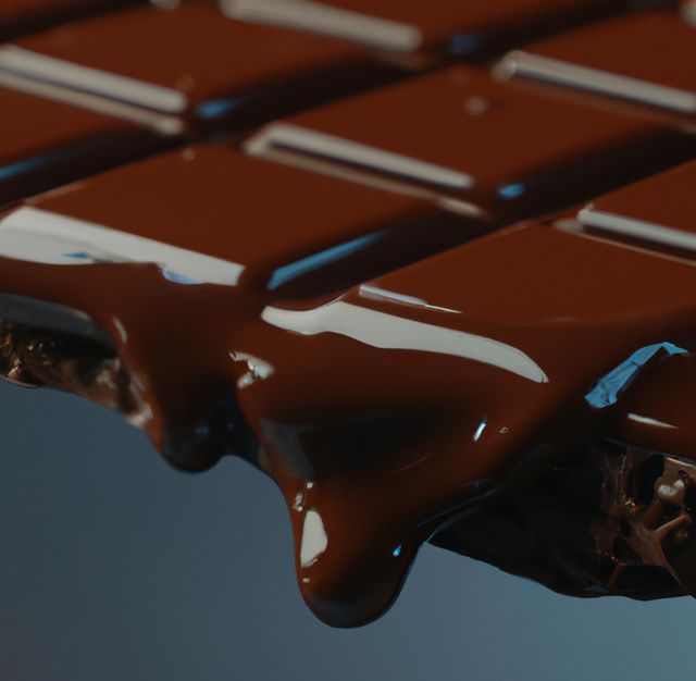 Close-up of a dark chocolate bar with melted chocolate dripping from its edges. Ideal for use in food blogs, recipe websites, or marketing materials for confectionery products.