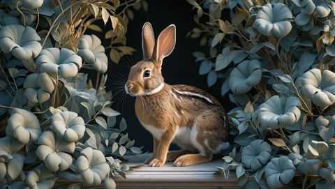 Brown cottontail rabbit amid blue-gray botanical sculptures