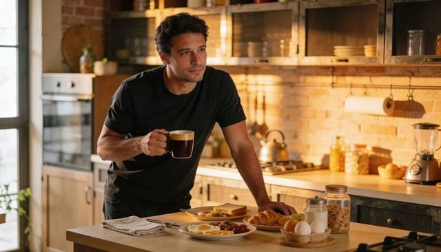 Man enjoying morning coffee leaning on kitchen island with cozy breakfast spread