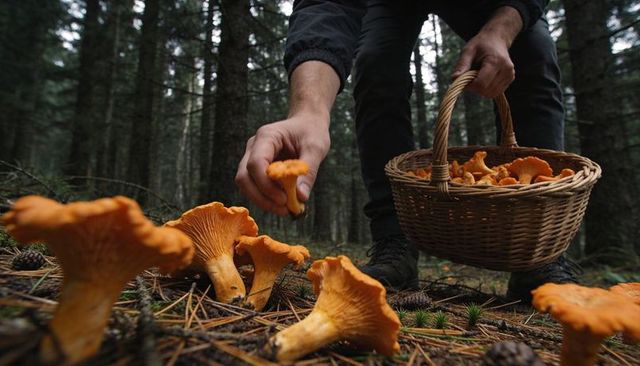 Foraging chanterelles in conifer forest hands picking wild mushrooms with wicker basket