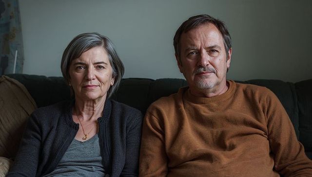 Mature couple sitting on sofa showing calm companionship and cozy home comfort