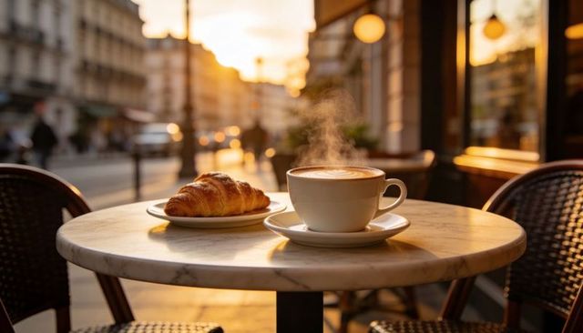 Steaming latte and flaky croissant on outdoor marble cafe table at golden sunrise