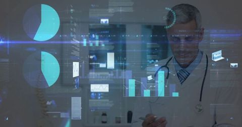 Physician reviewing holographic medical analytics with stylus in futuristic clinic environment