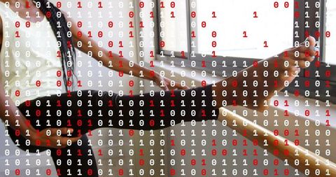 Ballet barre stretching dancer blending classical movement with digital binary overlay