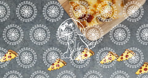 Playful Graphic with Pizza and Floral Patterns
