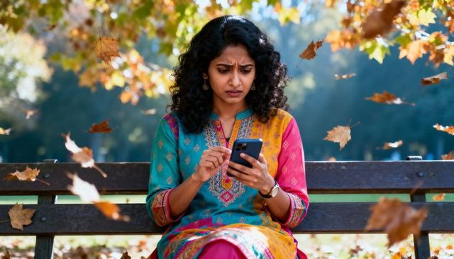 Concerned indian woman checking smartphone on park bench in autumn leaves wearing embroidered kurta