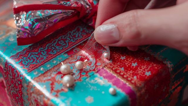 Peeling Decorative Ribbon on Ornate Gift Box with Faux Pearls