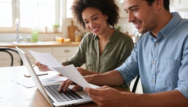 Couple planning finances online at kitchen table, collaborating with laptop and documents