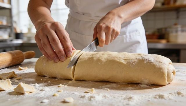 Cutting rolled dough log on floured board by woman baker in white apron