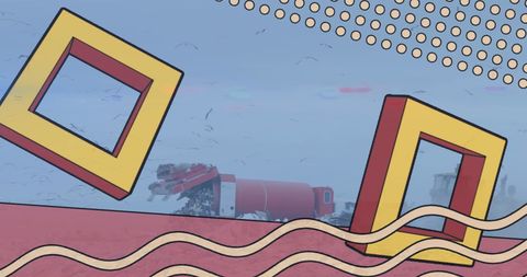 Abstract digital collage of landfill pollution and geometric shapes