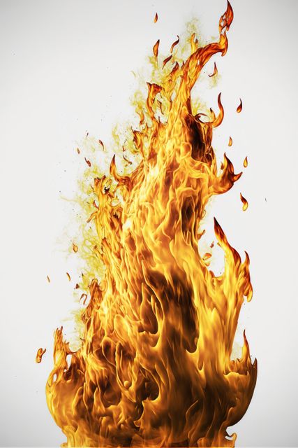Detailed fire flames on white background, created using generative ai technology. Fire, heat, pattern and colour concept digitally generated image.