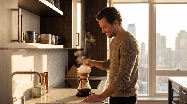 Man brewing chemex pour-over coffee in sunlit urban kitchen with skyline view