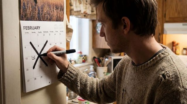 Man marking large x on february calendar in cluttered kitchen with black marker