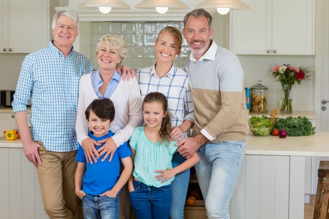 Multigenerational family smiling and standing together in a modern kitchen. Grandparents, parents, and children are all present, showcasing family unity and happiness. Ideal for use in advertisements, family-oriented content, or articles about family life and togetherness.
