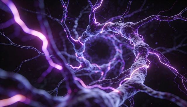Spiraling Neon Neural Fiber Tunnel with Electric Purple Synapse Pathways, Luminescent Vortex