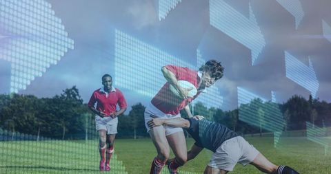 Rugby Players Compete with Futuristic Digital Overlay