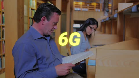 Caucasian Male Professor Reading in Library with 6G Technology Overlay