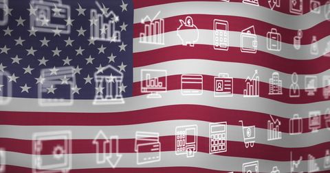 Digital technology icons over united states flag