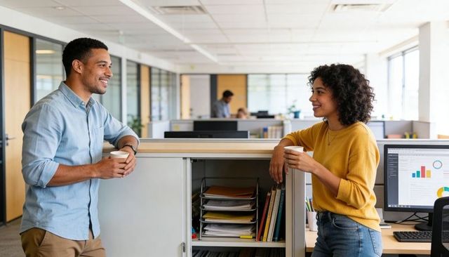 Coworkers chatting over coffee while leaning on cabinet in modern open-plan office
