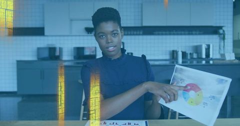Businesswoman Presenting Pie Chart in Modern Office Kitchenette