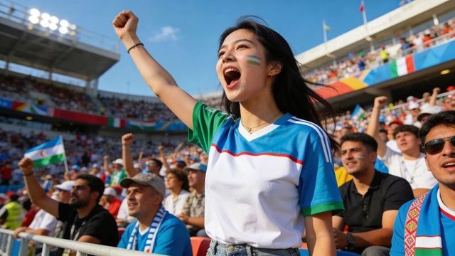 Young woman cheering in stadium raising fist wearing blue white green team jersey
