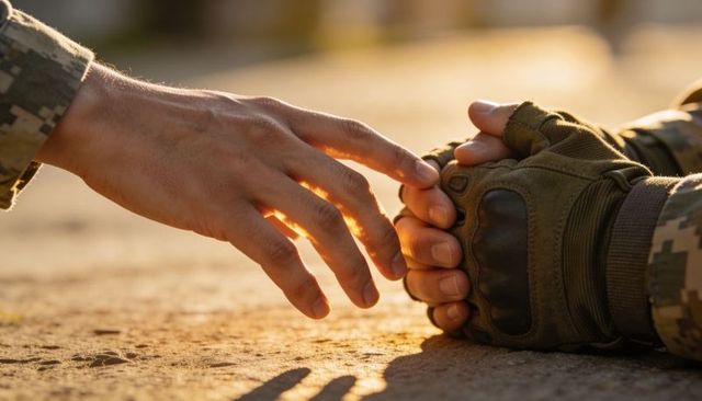 Reaching hand grasping comrade gloved hand military brotherhood at golden hour