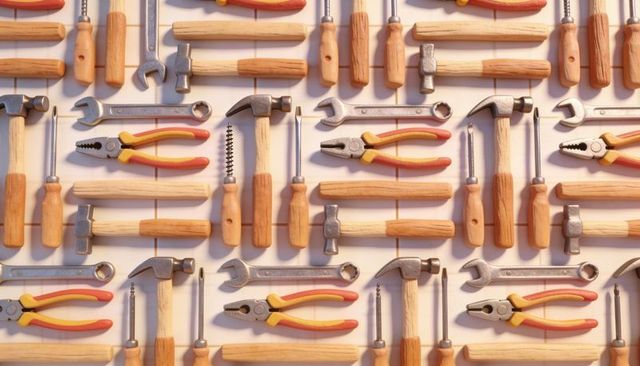 Hand tools grid on pale wood slats — hammers, wrenches, pliers, screwdrivers pattern