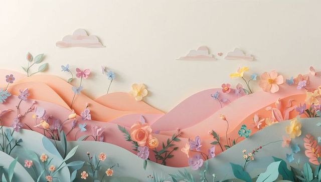 Layered paper hills blooming with pastel flowers and butterflies, papercut diorama art