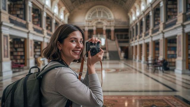 Smiling traveler photographing ornate historic library interior with vintage camera