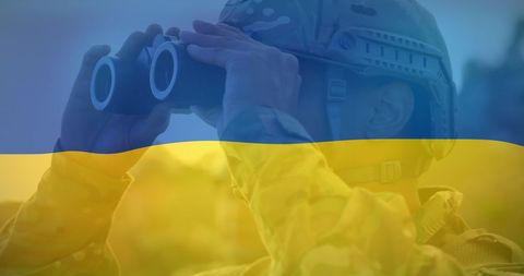 Military Personnel Using Binoculars Against Ukrainian Flag Backdrop - Download Free Stock Images Pikwizard.com