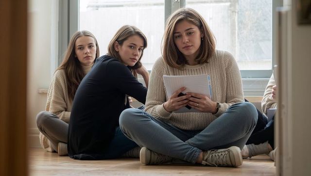 Young women sitting by window reading notes and studying together in quiet classroom