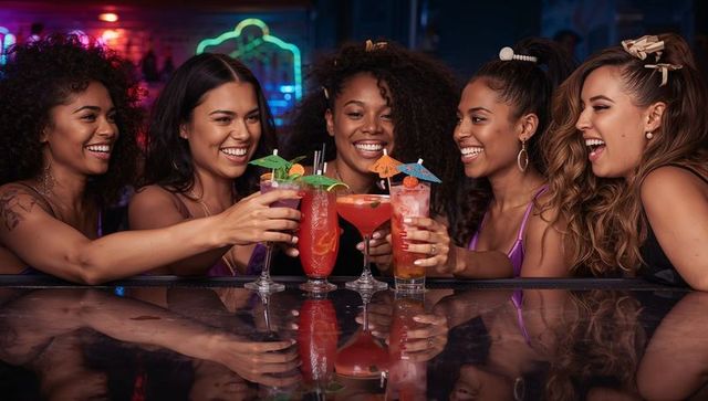 Women friends celebrating with colorful cocktails at neon-lit bar nightlife party