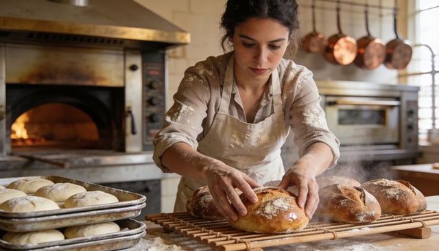 Female baker arranging crusty artisan loaves on cooling rack in rustic wood-fired bakery