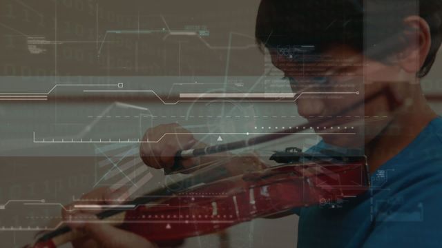 This video illustrates a schoolboy learning to play the violin with a digital design overlay representing technology and connections. It showcases the innovative integration of traditional education with modern technology. Ideal for use in topics related to education, tech advancements, innovative learning methods, and the blend of arts and technology.