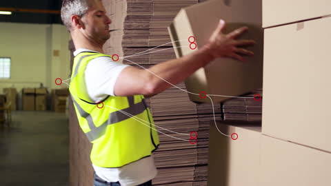 Warehouse Worker Stacking Boxes with Connections Overlay