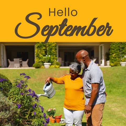 Senior couple gardening under hello september sign