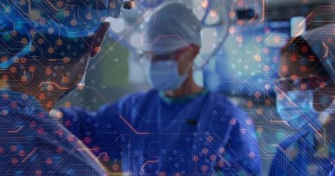Surgical team performing high-tech operation with circuit overlay for digital healthcare