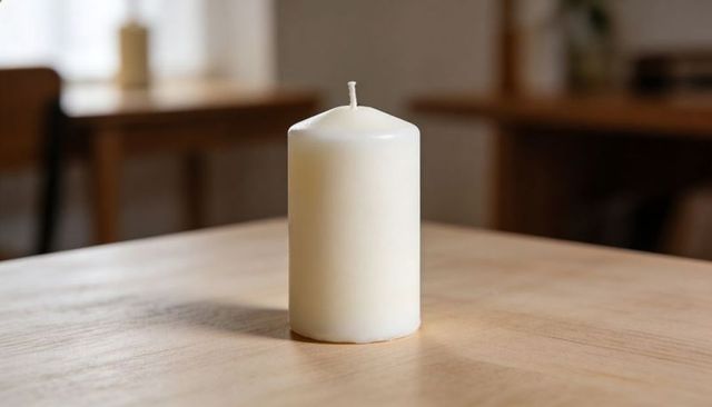 Ivory pillar candle on wood table minimal still life natural window light cozy soft shadow