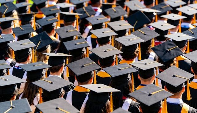 Sunlit graduates wearing mortarboards and gold stoles filling commencement rows