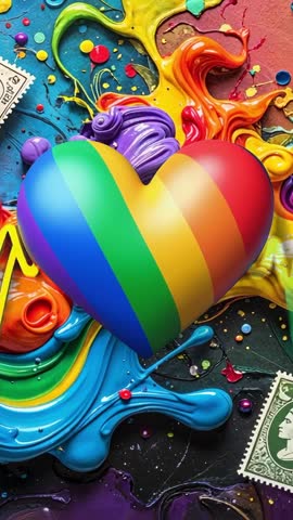 Revealing glossy rainbow heart hovering over vibrant paint swirls and vintage stamps