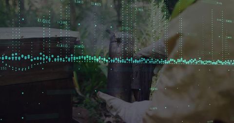 Senior beekeeper wearing yellow holding smoker beside hive with digital data overlay