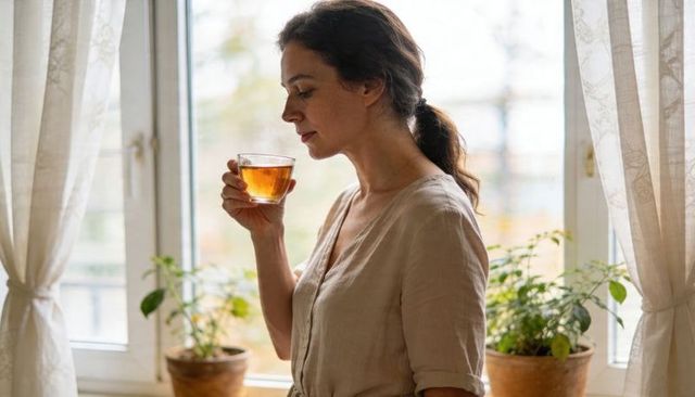 Woman drinking tea by window in beige linen top with potted plants, sunlit morning