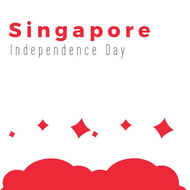 Illustration of singapore independence day text with red stars and clouds on white background. Copy space, vector, patriotism, celebration, freedom and identity concept.